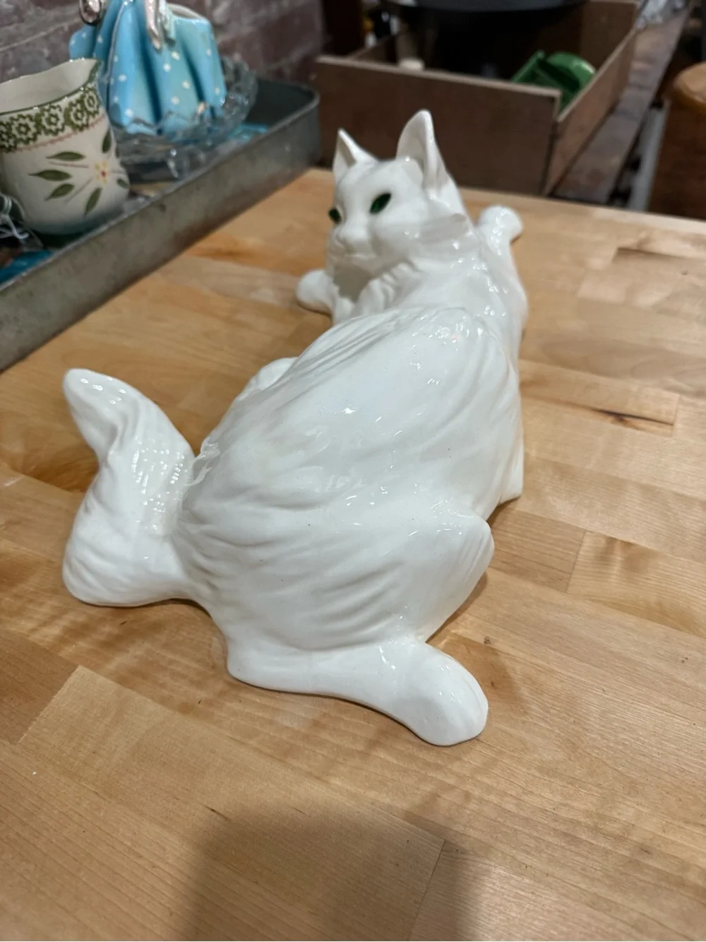 White Ceramic Cat Figurine Green Eyes - Decorative Pet Sculpture large vintage